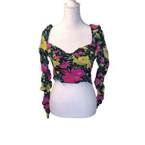 Zara Floral Print Sweetheart Neckline Long Sleeve Crop Top Women's Size M